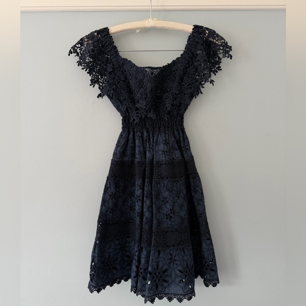 Like New - Temptation Positano Sondrio Navy Lace Off-Shoulder Dress (XS)